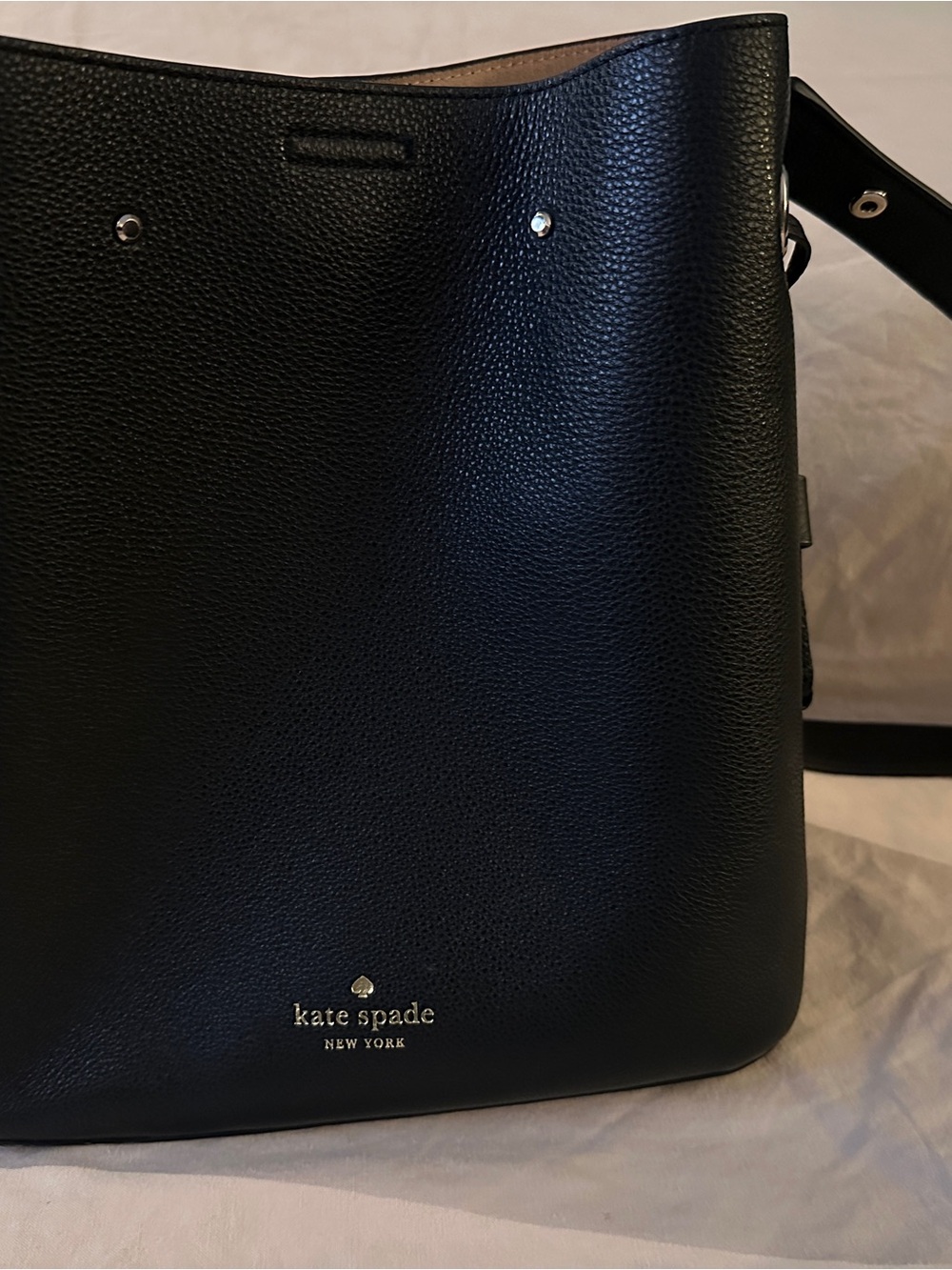 kate spade Black Pebbled Leather Bucket Shoulder Bag with Gold Logo